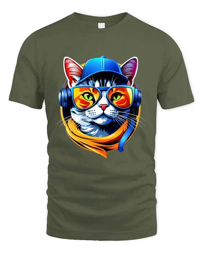 Cool Cat DJ T-Shirt Hip Hop Cat in Headphones Tee - military green t-shirt on white background