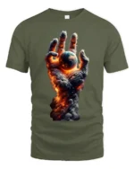 Earth in Flames T-Shirt Fiery Cosmic Hand Graphic Tee - military green t-shirt on white background