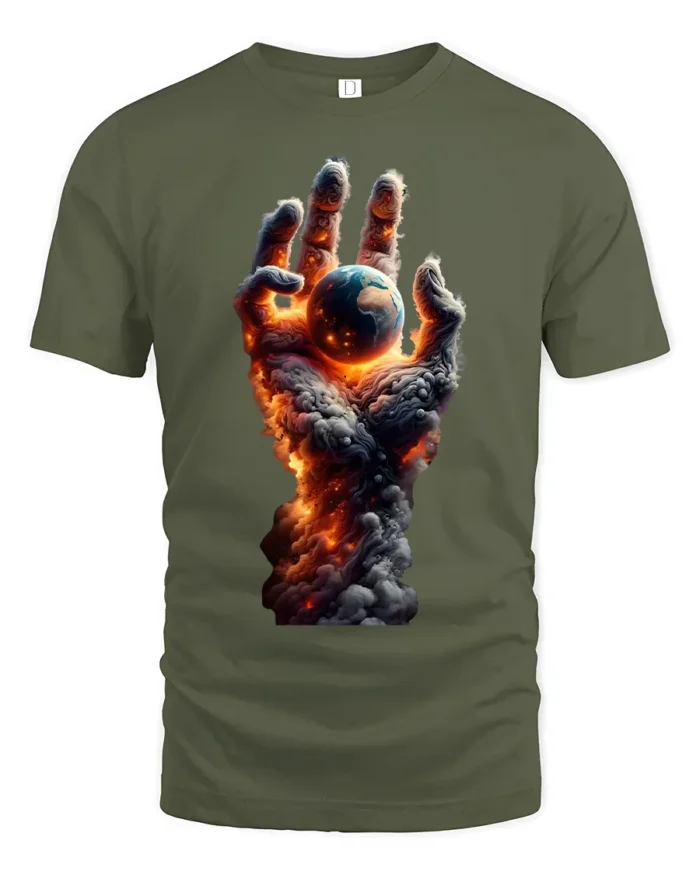 Earth in Flames T-Shirt Fiery Cosmic Hand Graphic Tee - military green t-shirt on white background