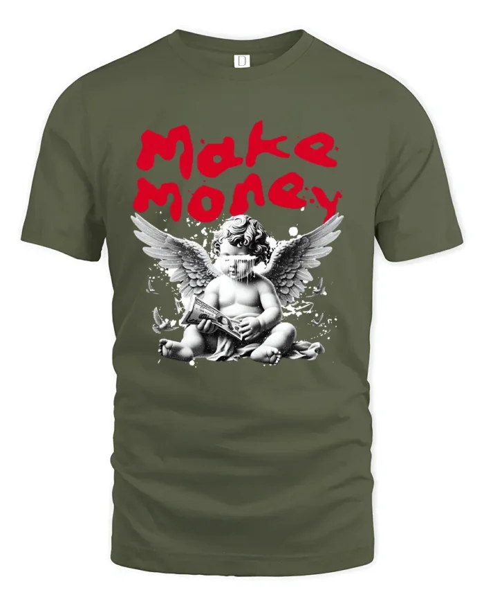 Make Money Angel Graphic T-Shirt Streetwear Style Tee - military green t-shirt on white background