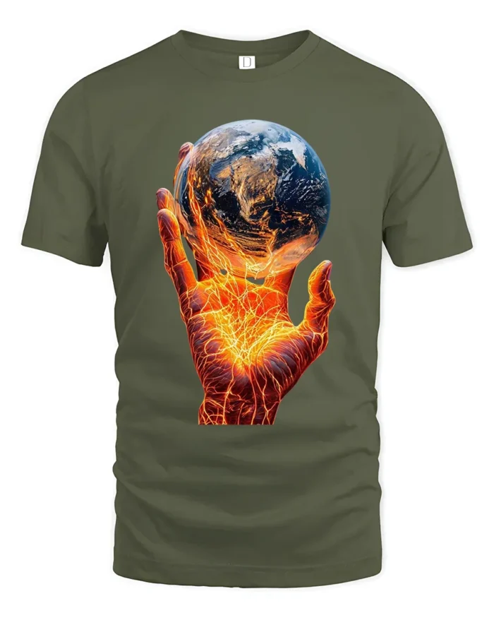 Earth on Fire Graphic T-Shirt Fiery Hand Planet Art Tee - military green t-shirt on white background