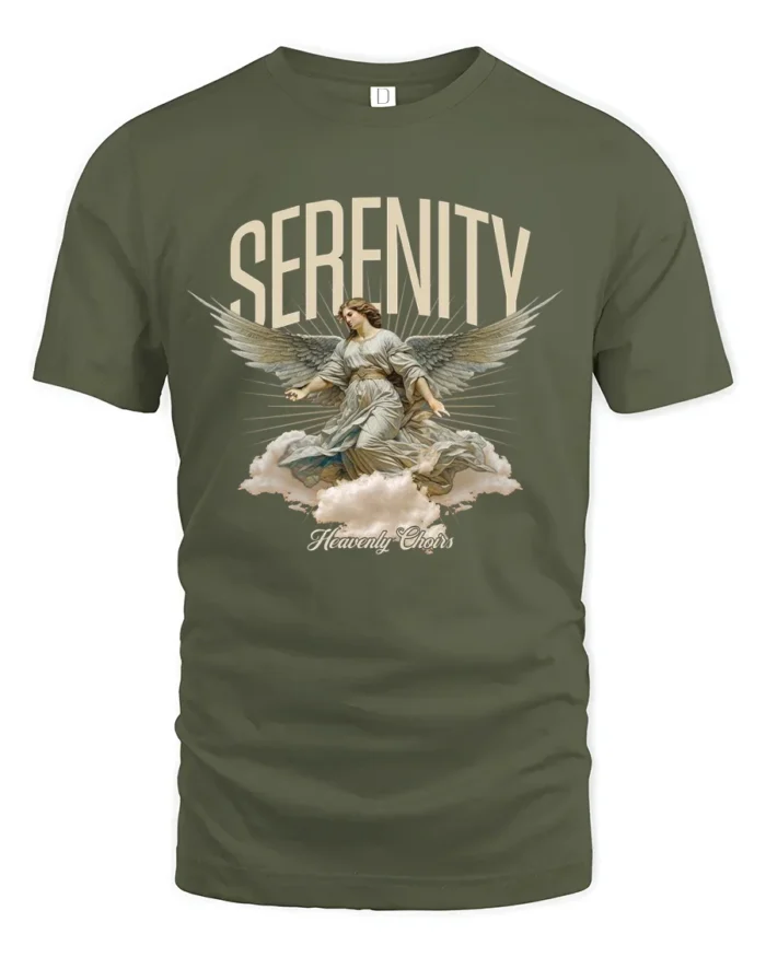 Serenity Angel Graphic T-Shirt Heavenly Choirs Print Tee - military green t-shirt on white background