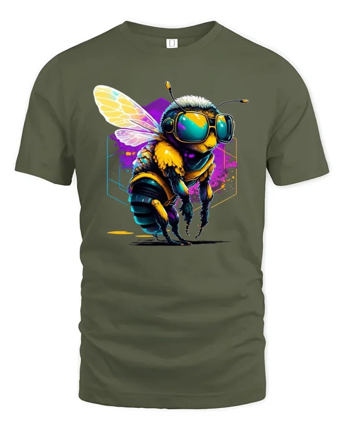 Cool Cyber Bee T-Shirt Neon Insect Graphic Streetwear - military green t-shirt on white background