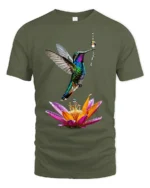 Colorful Hummingbird and Flower T-Shirt Nature Art Tee - military green t-shirt on white background