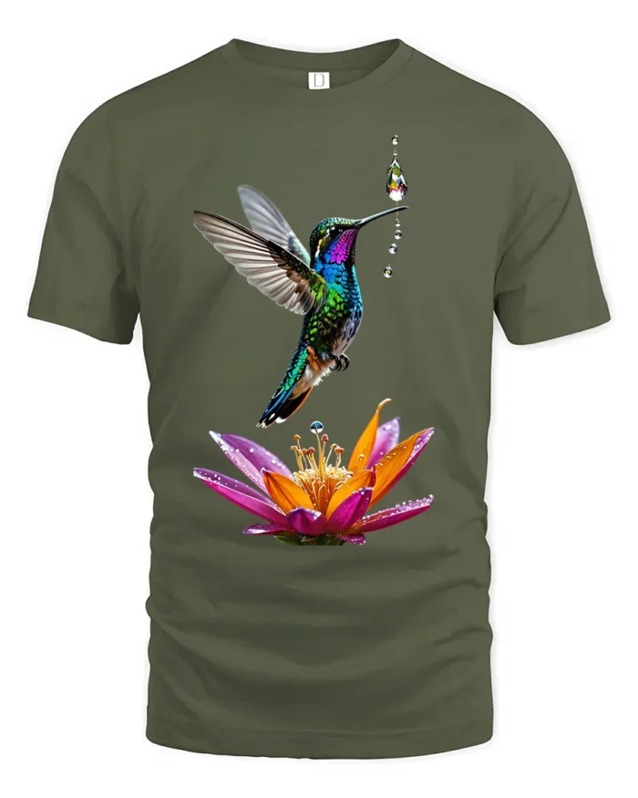 Colorful Hummingbird and Flower T-Shirt Nature Art Tee - military green t-shirt on white background