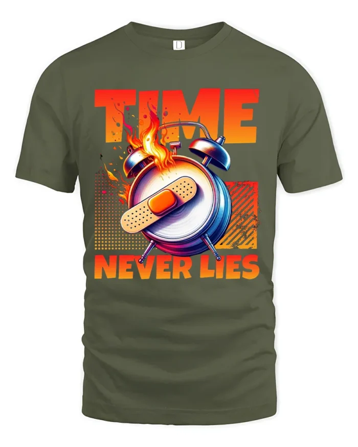 Time Never Lies Motivational T-Shirt Graphic Fire Clock Tee - military green t-shirt on white background
