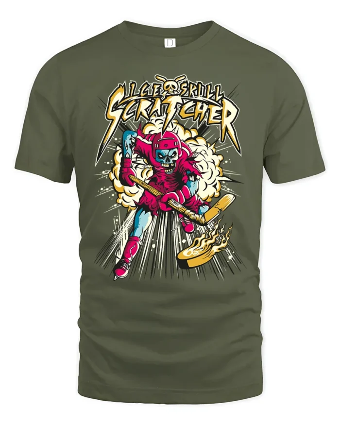 Ice Skull Scratcher Hockey T-Shirt Skeleton Player Tee - military green t-shirt on white background