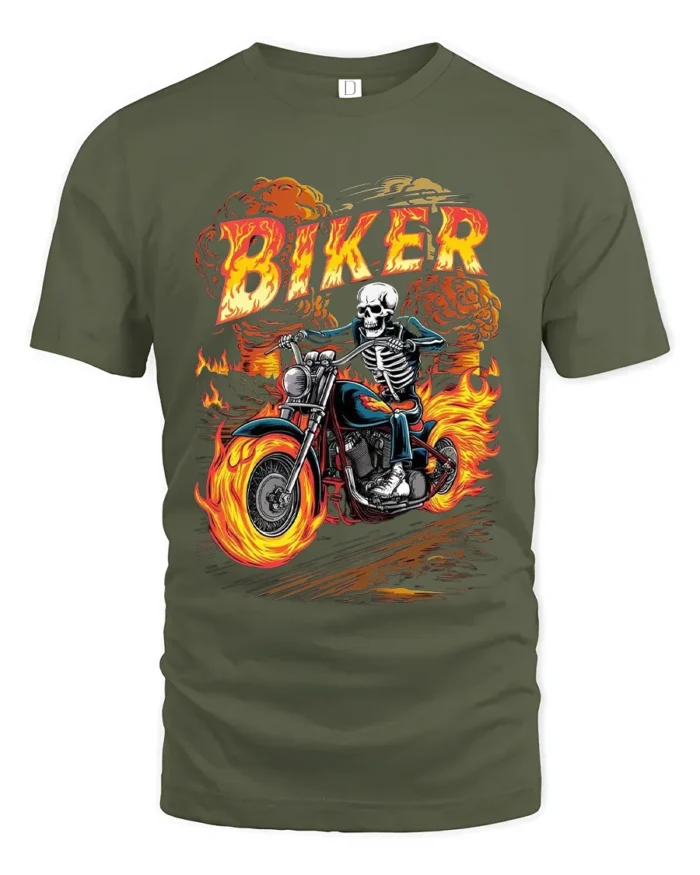 Skeleton Biker T-Shirt Flaming Motorcycle Graphic Tee - military green t-shirt on white background