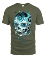 Cyber Skull Tech T-Shirt Futuristic Blue Skull Graphic - military green t-shirt on white background