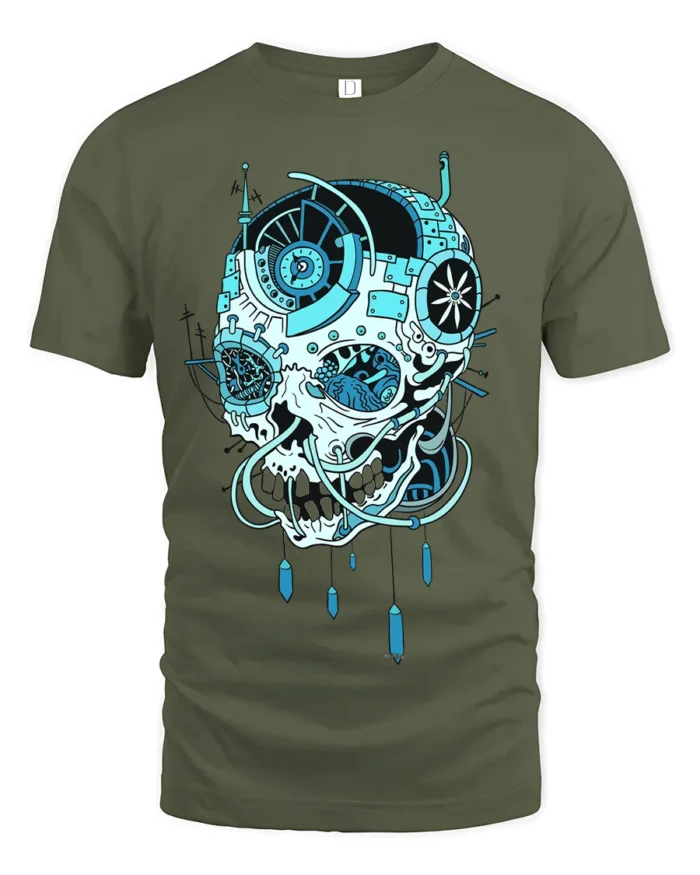 Cyber Skull Tech T-Shirt Futuristic Blue Skull Graphic - military green t-shirt on white background