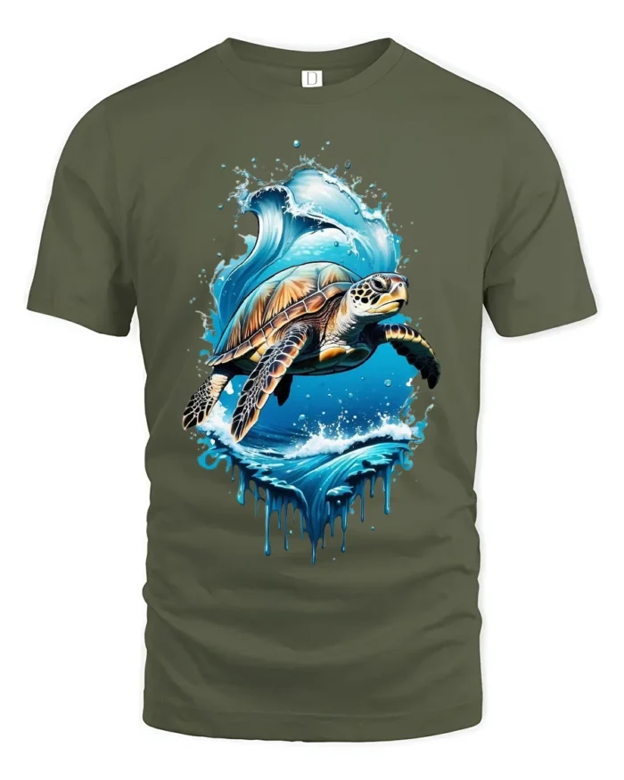 Ocean Turtle Graphic T-Shirt Sea Life Nature Tee - military green t-shirt on white background