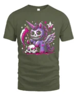 Gothic Unicorn T-Shirt Grim Fantasy Cute Creepy Tee - military green t-shirt on white background