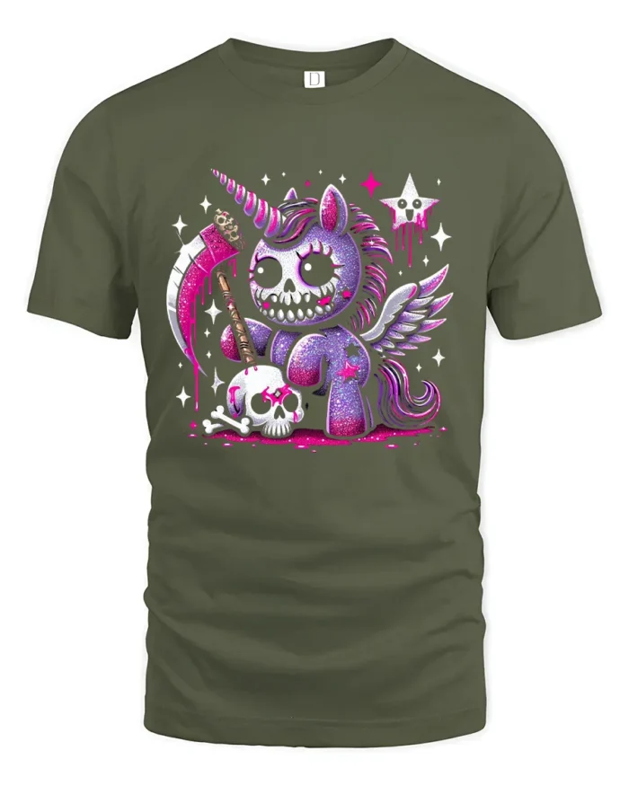 Gothic Unicorn T-Shirt Grim Fantasy Cute Creepy Tee - military green t-shirt on white background