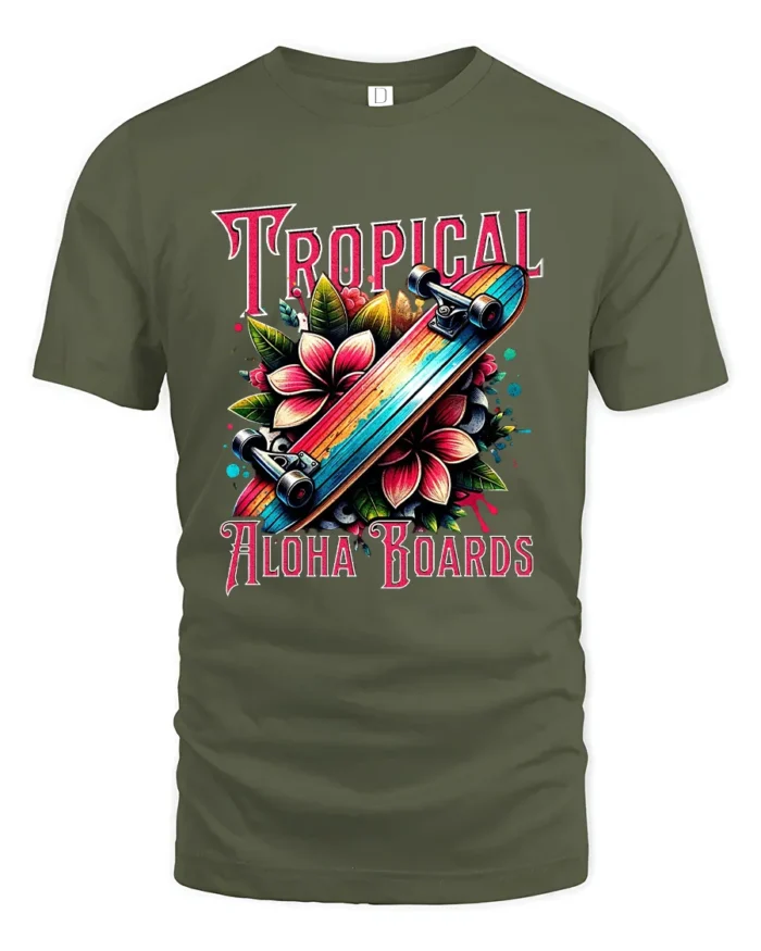 Tropical Skateboard T-Shirt Aloha Beach Style Tee - military green t-shirt on white background
