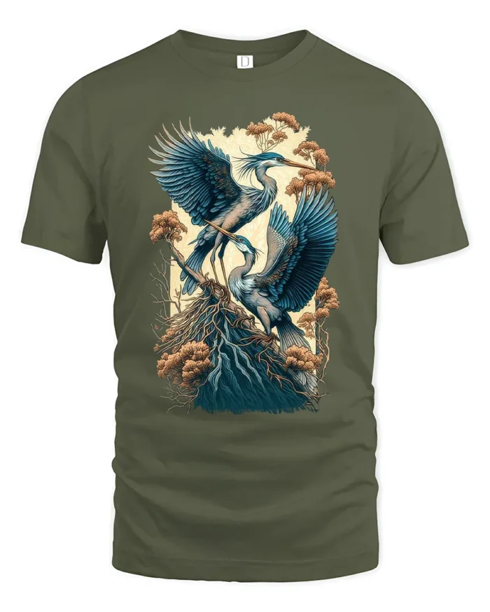 Majestic Heron Nature Scene T-Shirt Bird Art Tee - military green t-shirt on white background
