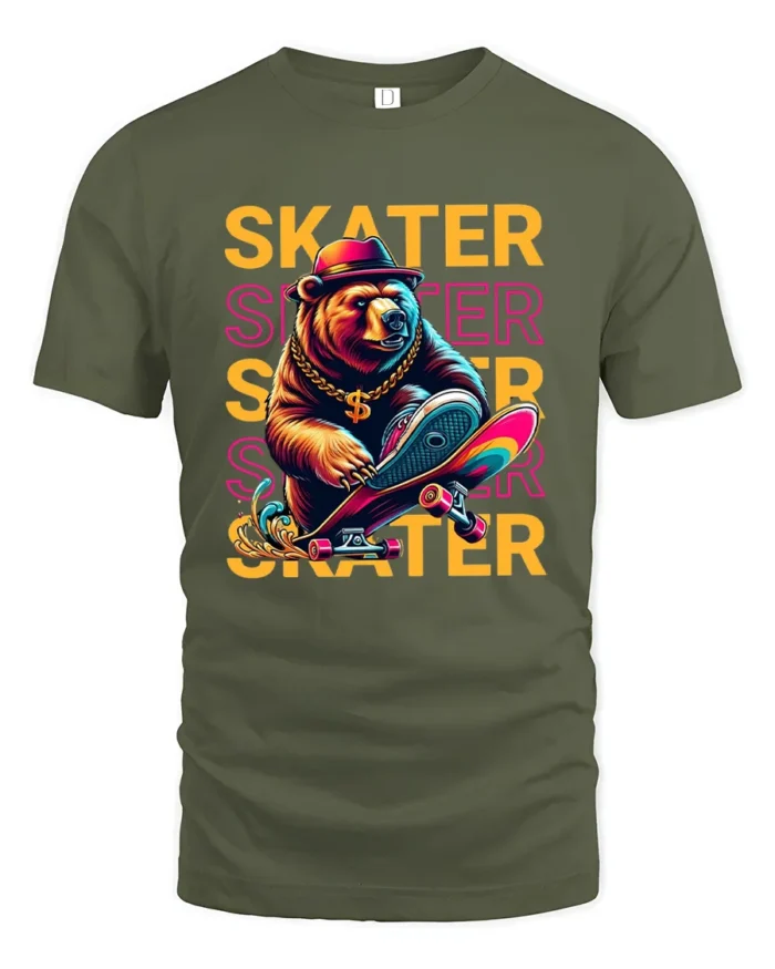 Cool Skater Bear Graphic T-Shirt Urban Streetwear Tee - military green t-shirt on white background