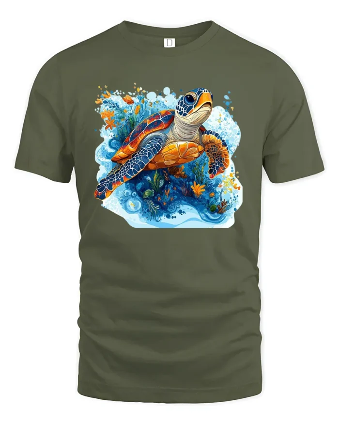 Aquatic Turtle T-Shirt Ocean Wildlife Nature Graphic - military green t-shirt on white background