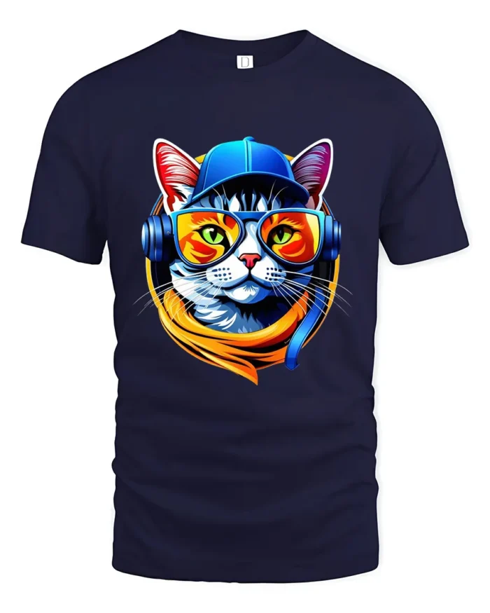Cool Cat DJ T-Shirt Hip Hop Cat in Headphones Tee - navy t-shirt on white background