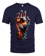 Earth in Flames T-Shirt Fiery Cosmic Hand Graphic Tee - navy t-shirt on white background