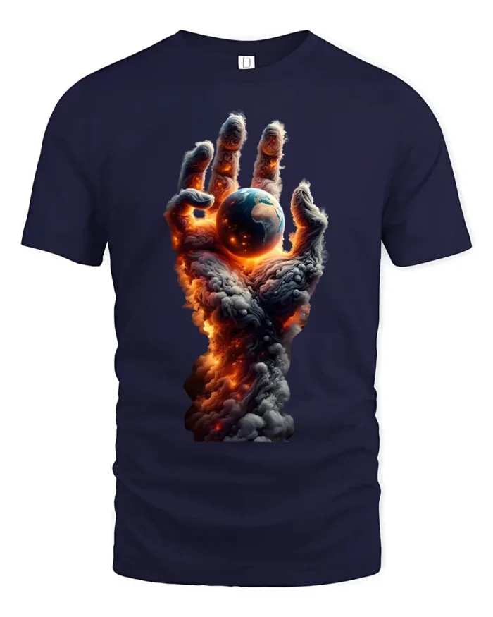 Earth in Flames T-Shirt Fiery Cosmic Hand Graphic Tee - navy t-shirt on white background