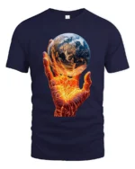 Earth on Fire Graphic T-Shirt Fiery Hand Planet Art Tee - navy t-shirt on white background