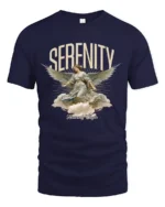 Serenity Angel Graphic T-Shirt Heavenly Choirs Print Tee - navy t-shirt on white background