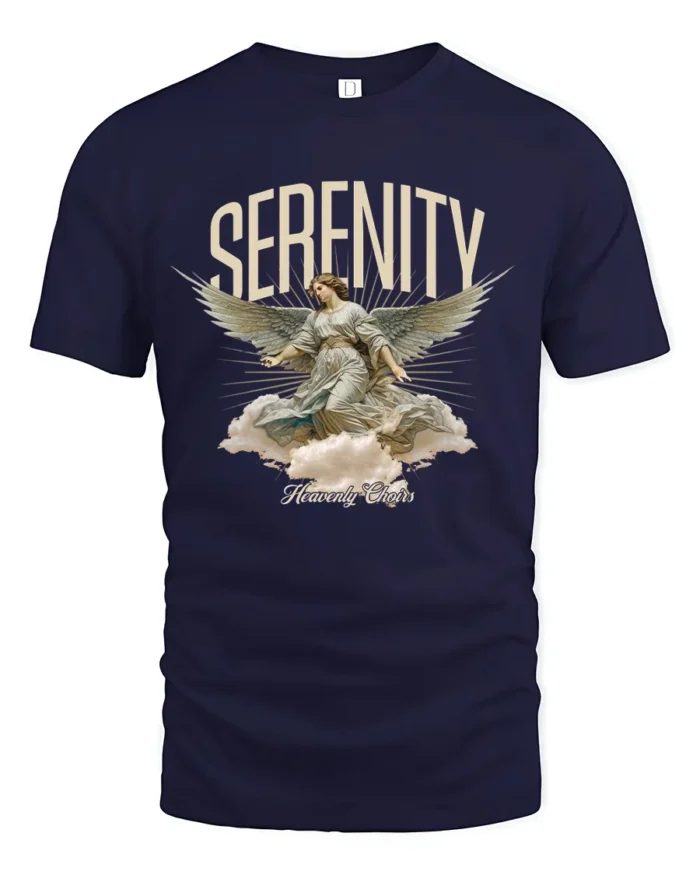 Serenity Angel Graphic T-Shirt Heavenly Choirs Print Tee - navy t-shirt on white background