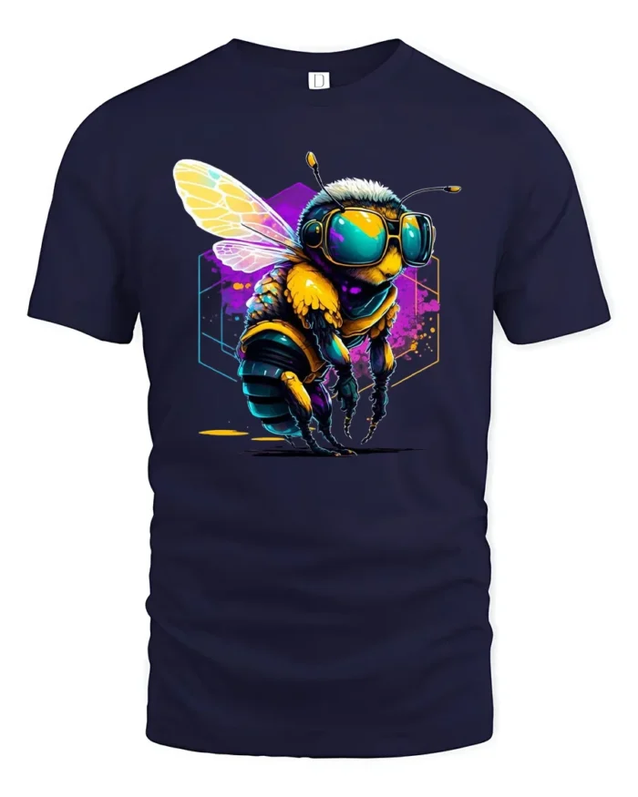 Cool Cyber Bee T-Shirt Neon Insect Graphic Streetwear - navy t-shirt on white background