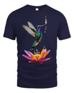 Colorful Hummingbird and Flower T-Shirt Nature Art Tee - navy t-shirt on white background