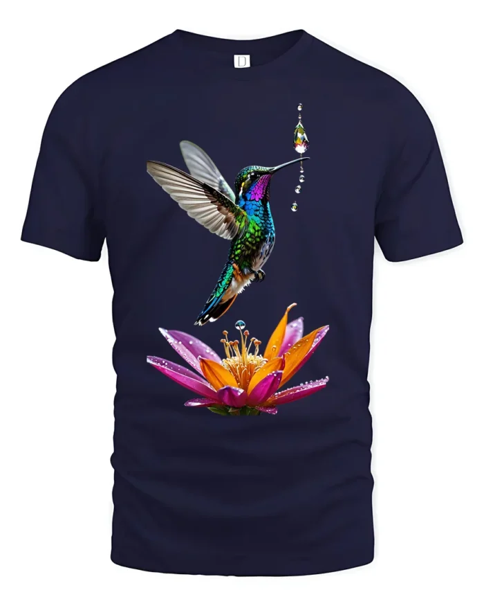 Colorful Hummingbird and Flower T-Shirt Nature Art Tee - navy t-shirt on white background