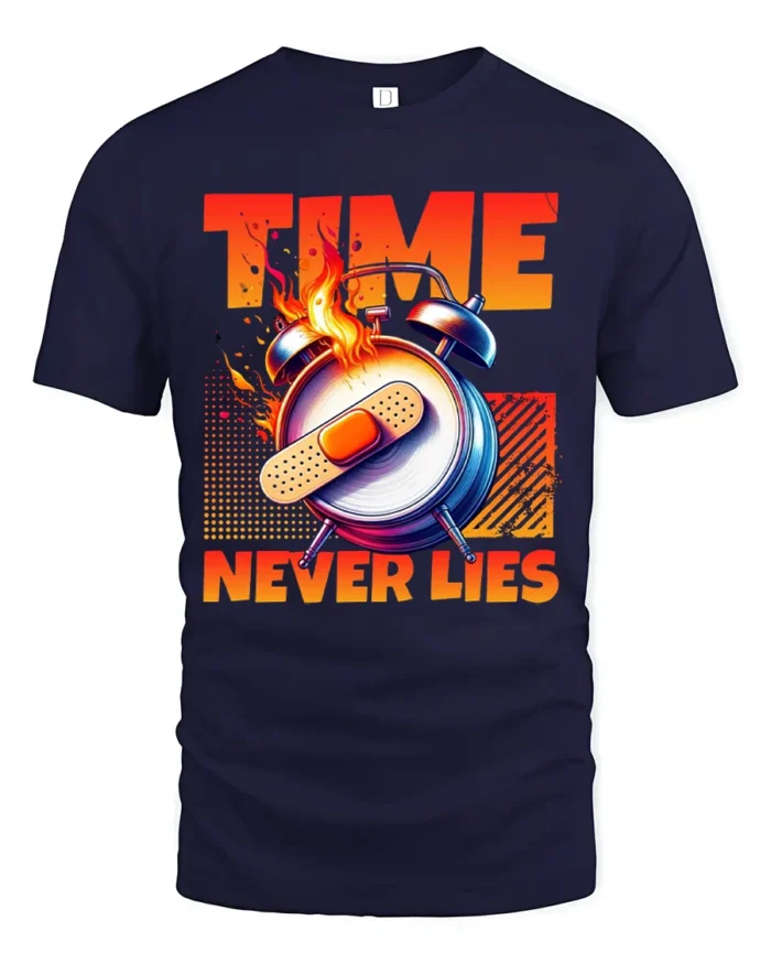 Time Never Lies Motivational T-Shirt Graphic Fire Clock Tee - navy t-shirt on white background