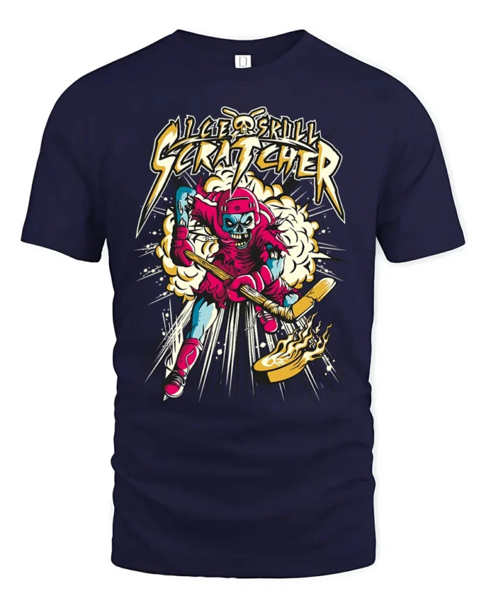 Ice Skull Scratcher Hockey T-Shirt Skeleton Player Tee - navy t-shirt on white background