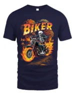 Skeleton Biker T-Shirt Flaming Motorcycle Graphic Tee - navy t-shirt on white background