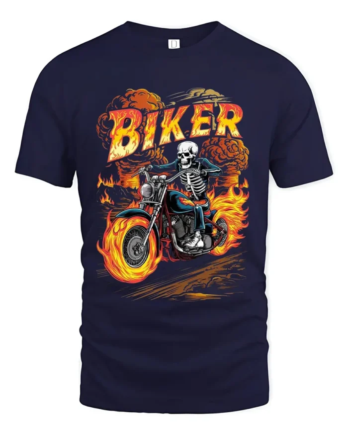 Skeleton Biker T-Shirt Flaming Motorcycle Graphic Tee - navy t-shirt on white background