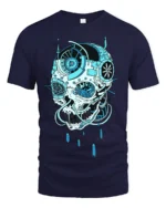 Cyber Skull Tech T-Shirt Futuristic Blue Skull Graphic - navy t-shirt on white background