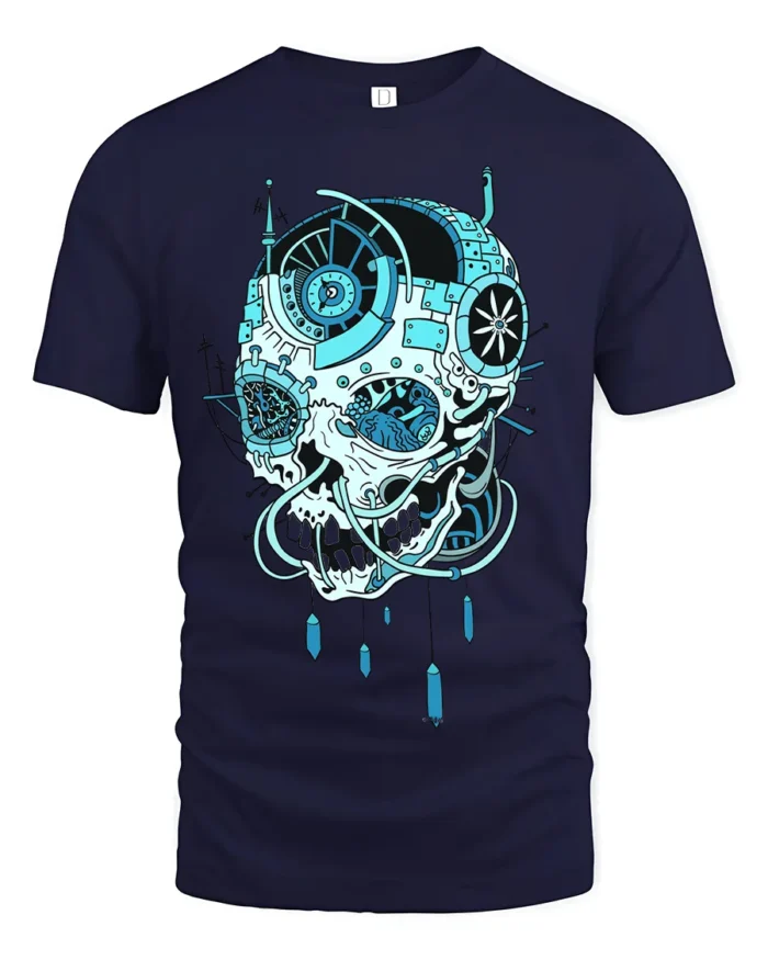 Cyber Skull Tech T-Shirt Futuristic Blue Skull Graphic - navy t-shirt on white background