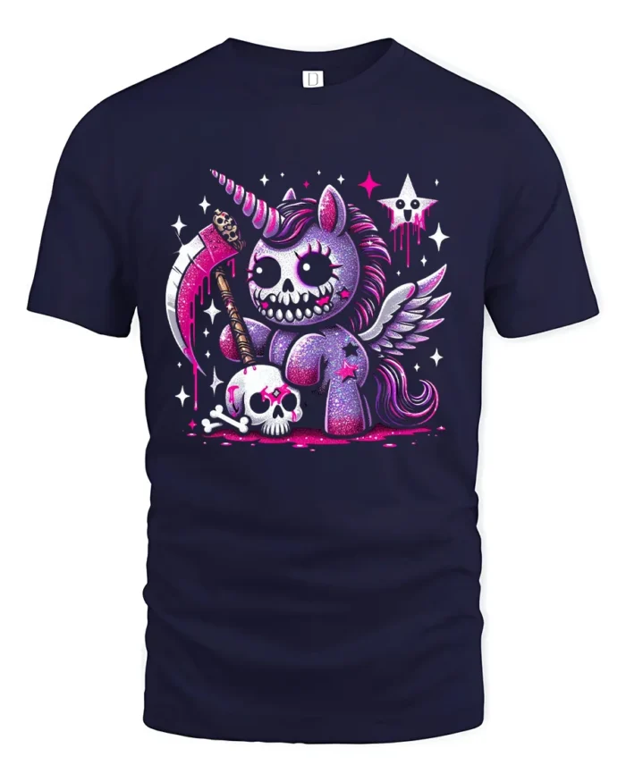 Gothic Unicorn T-Shirt Grim Fantasy Cute Creepy Tee - navy t-shirt on white background