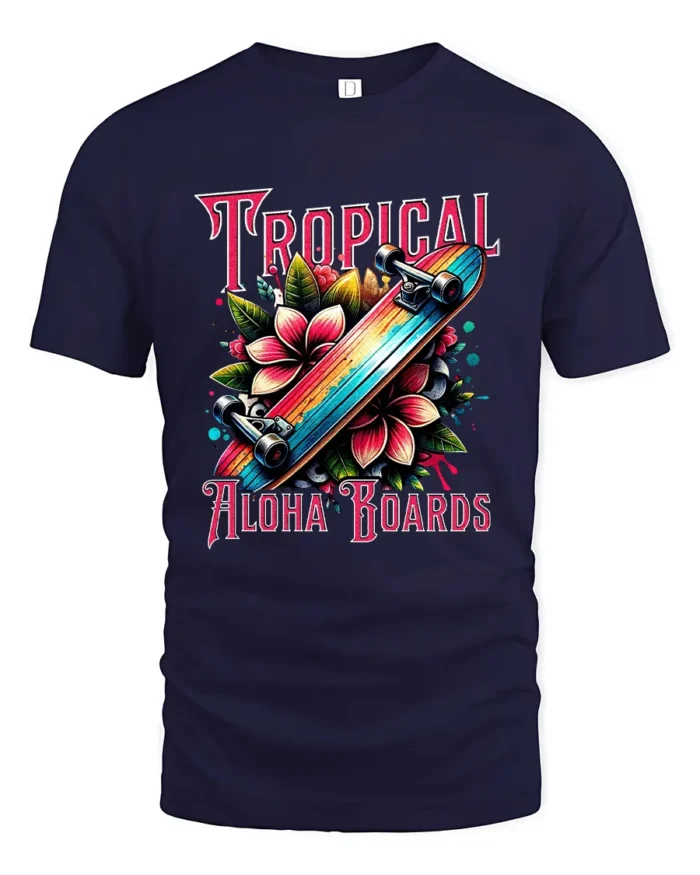 Tropical Skateboard T-Shirt Aloha Beach Style Tee - navy t-shirt on white background