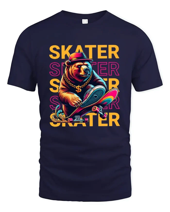 Cool Skater Bear Graphic T-Shirt Urban Streetwear Tee - navy t-shirt on white background