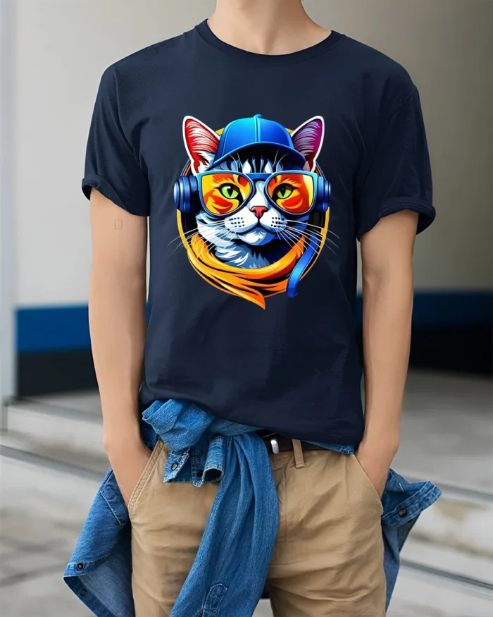 Cool Cat DJ T-Shirt Hip Hop Cat in Headphones Tee - model wearing navy shirt, hands in pockets