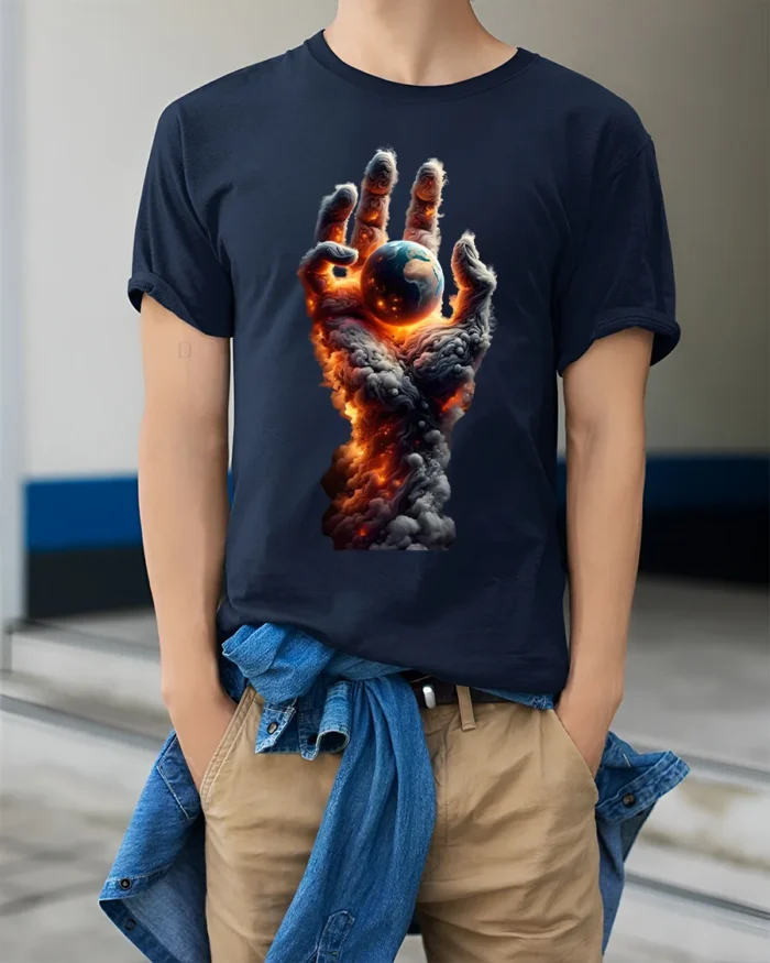 Earth in Flames T-Shirt Fiery Cosmic Hand Graphic Tee - model wearing navy shirt, hands in pockets