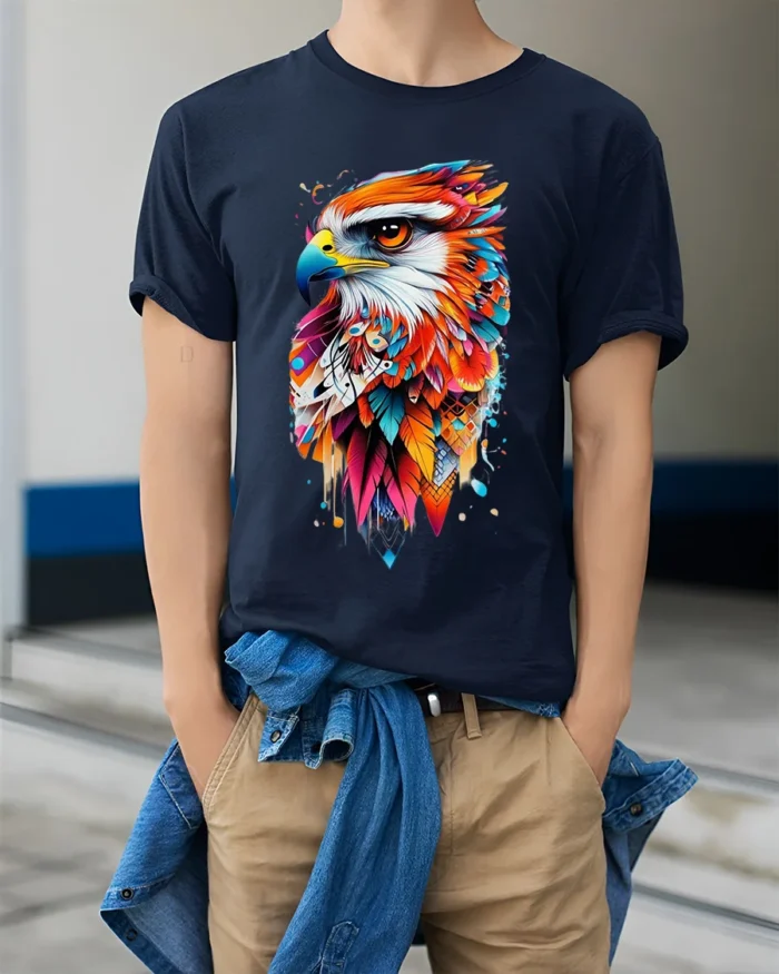 Bold Abstract Eagle Print T-Shirt Artistic Streetwear - model wearing navy shirt, hands in pockets