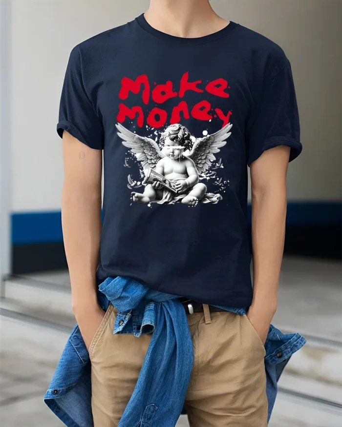 Make Money Angel Graphic T-Shirt Streetwear Style Tee - model wearing navy shirt, hands in pockets