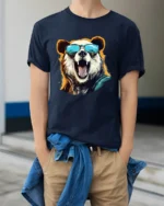 Cool Panda With Sunglasses T-Shirt Funny Animal Tee - model wearing navy shirt, hands in pockets