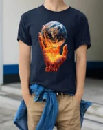Earth on Fire Graphic T-Shirt Fiery Hand Planet Art Tee - model wearing navy shirt, hands in pockets
