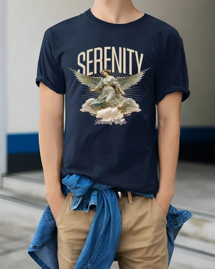 Serenity Angel Graphic T-Shirt Heavenly Choirs Print Tee - model wearing navy shirt, hands in pockets