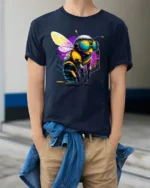 Cool Cyber Bee T-Shirt Neon Insect Graphic Streetwear - model wearing navy shirt, hands in pockets