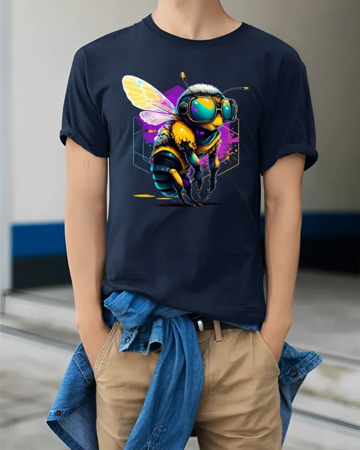 Cool Cyber Bee T-Shirt Neon Insect Graphic Streetwear - model wearing navy shirt, hands in pockets