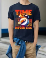 Time Never Lies Motivational T-Shirt Graphic Fire Clock Tee - model wearing navy shirt, hands in pockets
