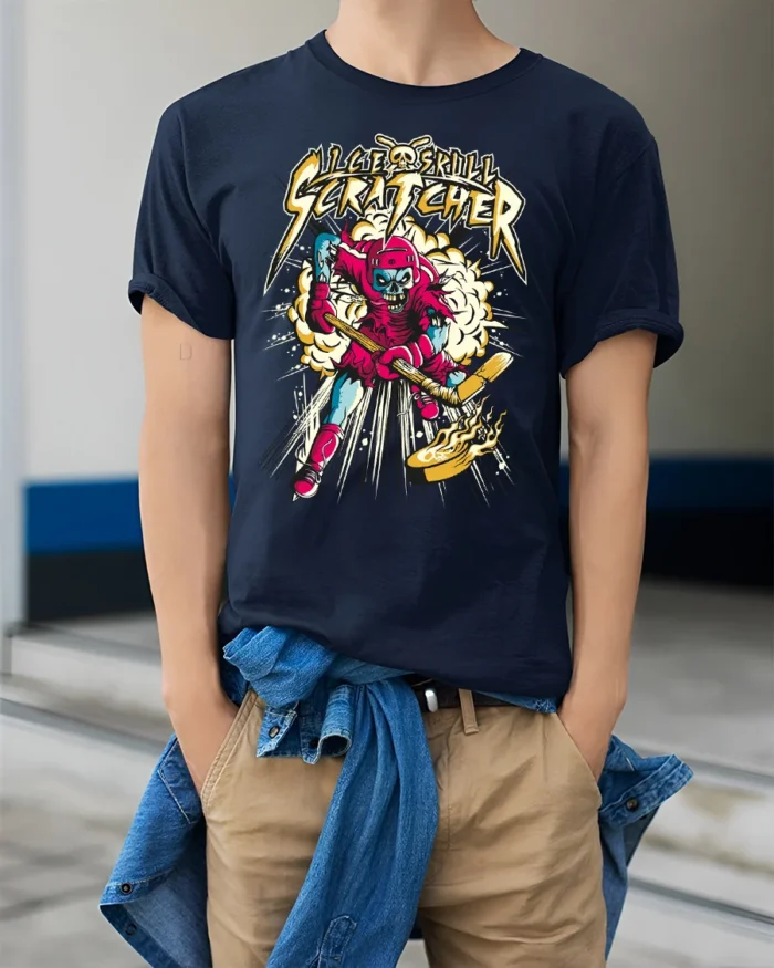 Ice Skull Scratcher Hockey T-Shirt Skeleton Player Tee - model wearing navy shirt, hands in pockets